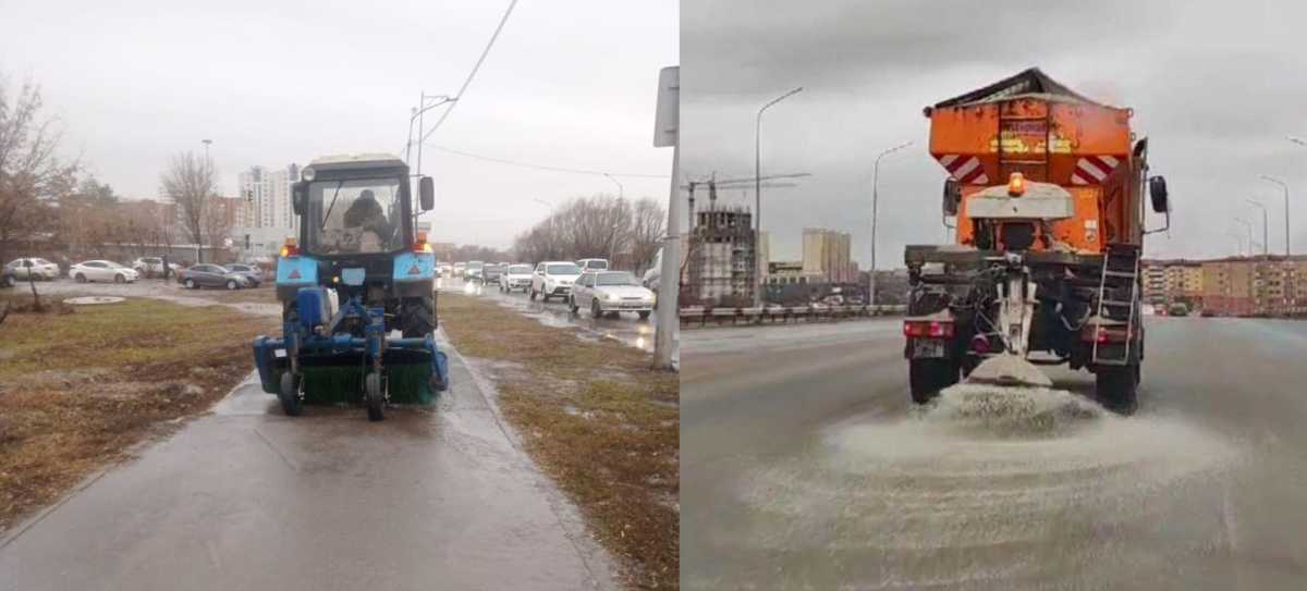 Дороги и тротуары посыпаются песко-соляной смесью в Астане