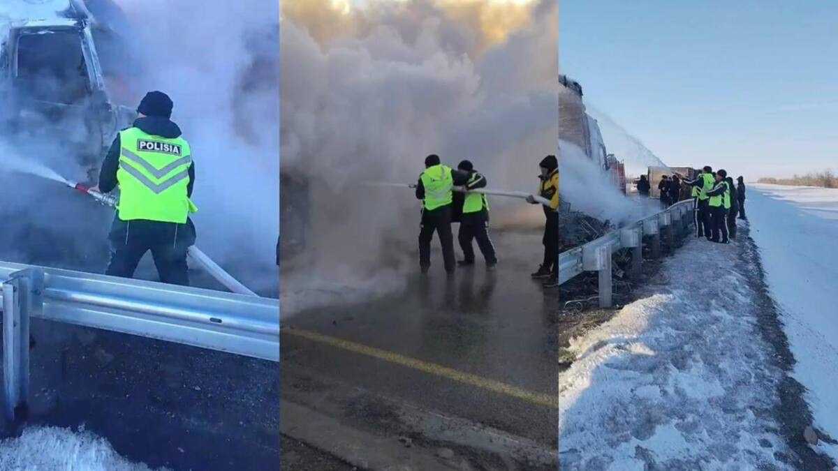 Полицейские два часа тушили горящий грузовик на трассе в Абайской области