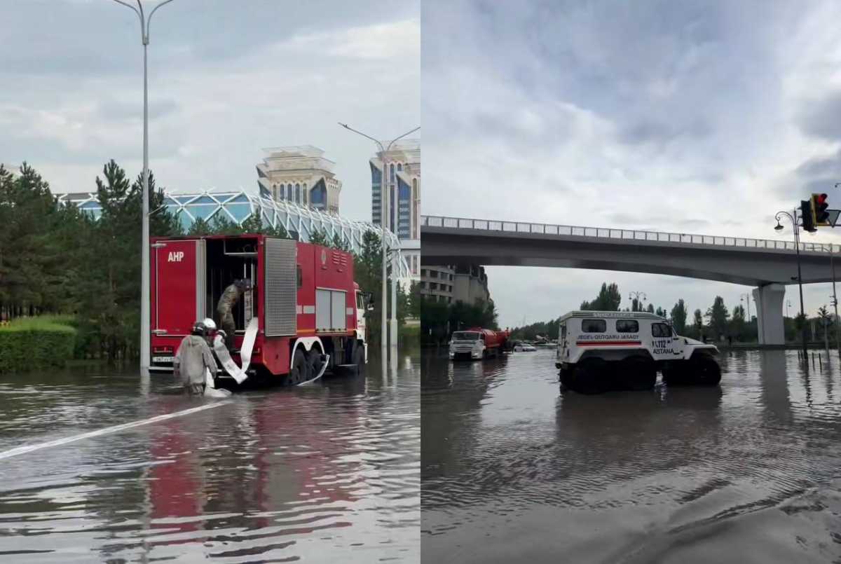 Последствия ливня в Астане: спасатели помогают вызволять автомобили с подтопленных улиц